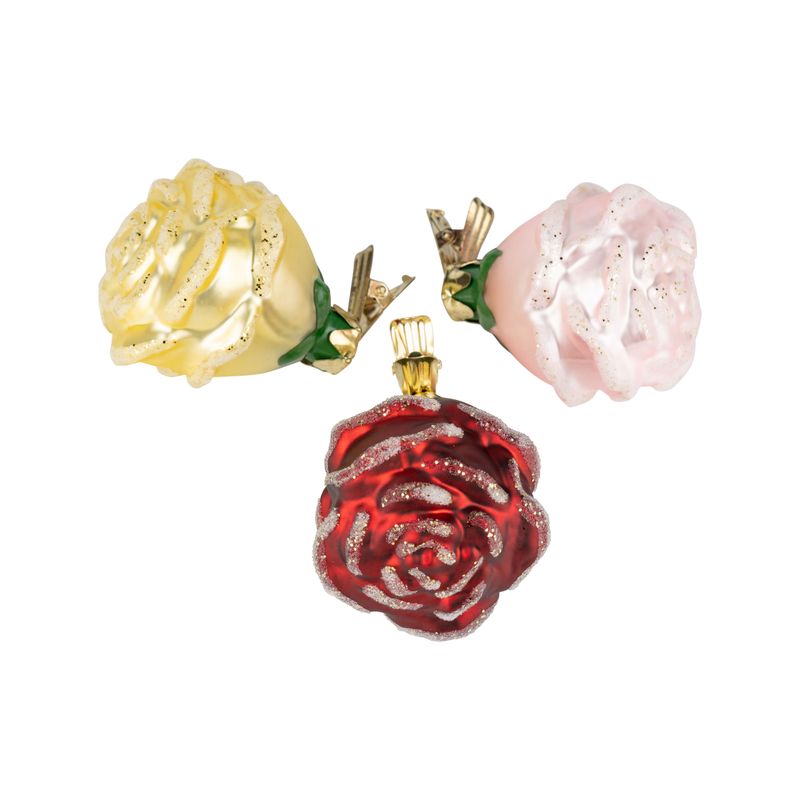 3 Asst&#39;d glass rose clip on ornaments with glittered petals, 2.5 in  24