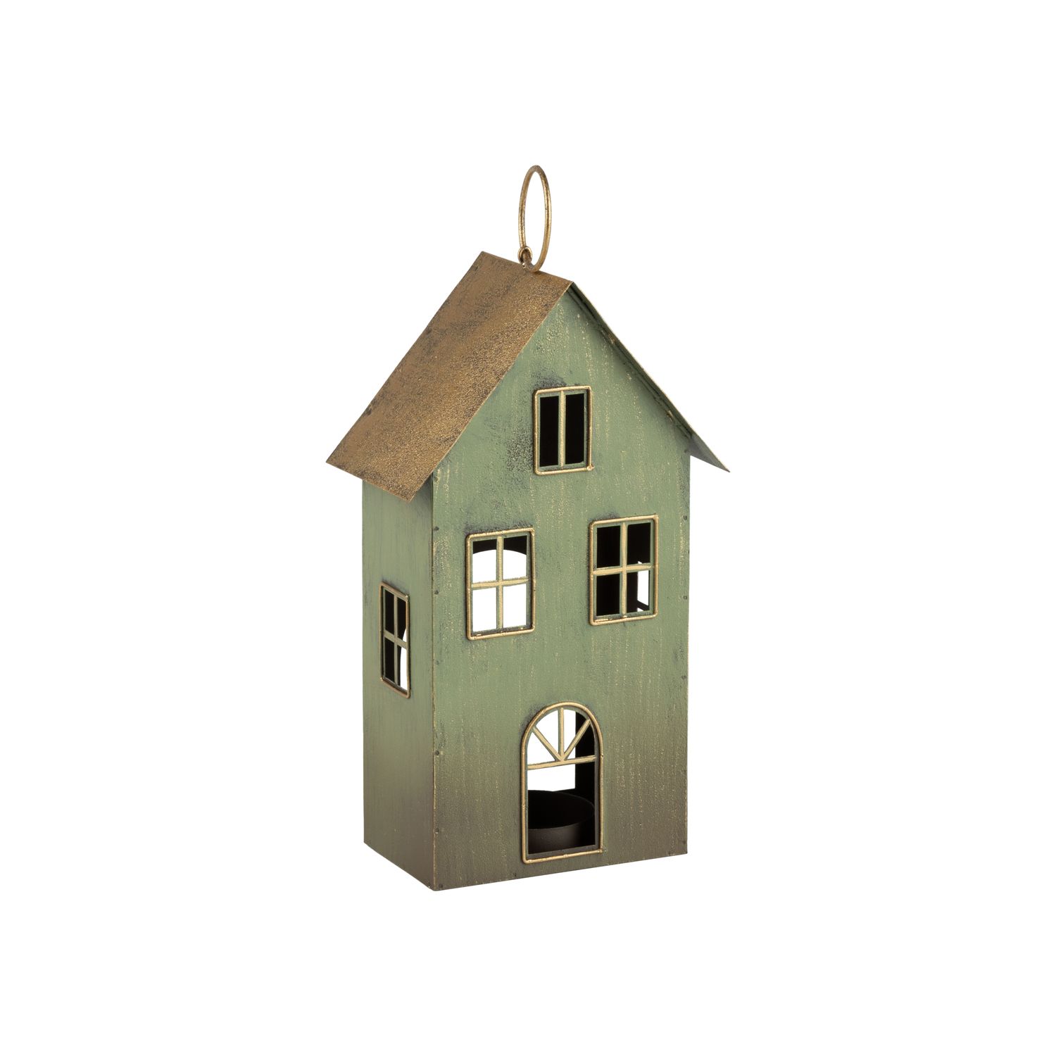 Painted slim metal house candle holder, green and gold with hanger, 9 in  2