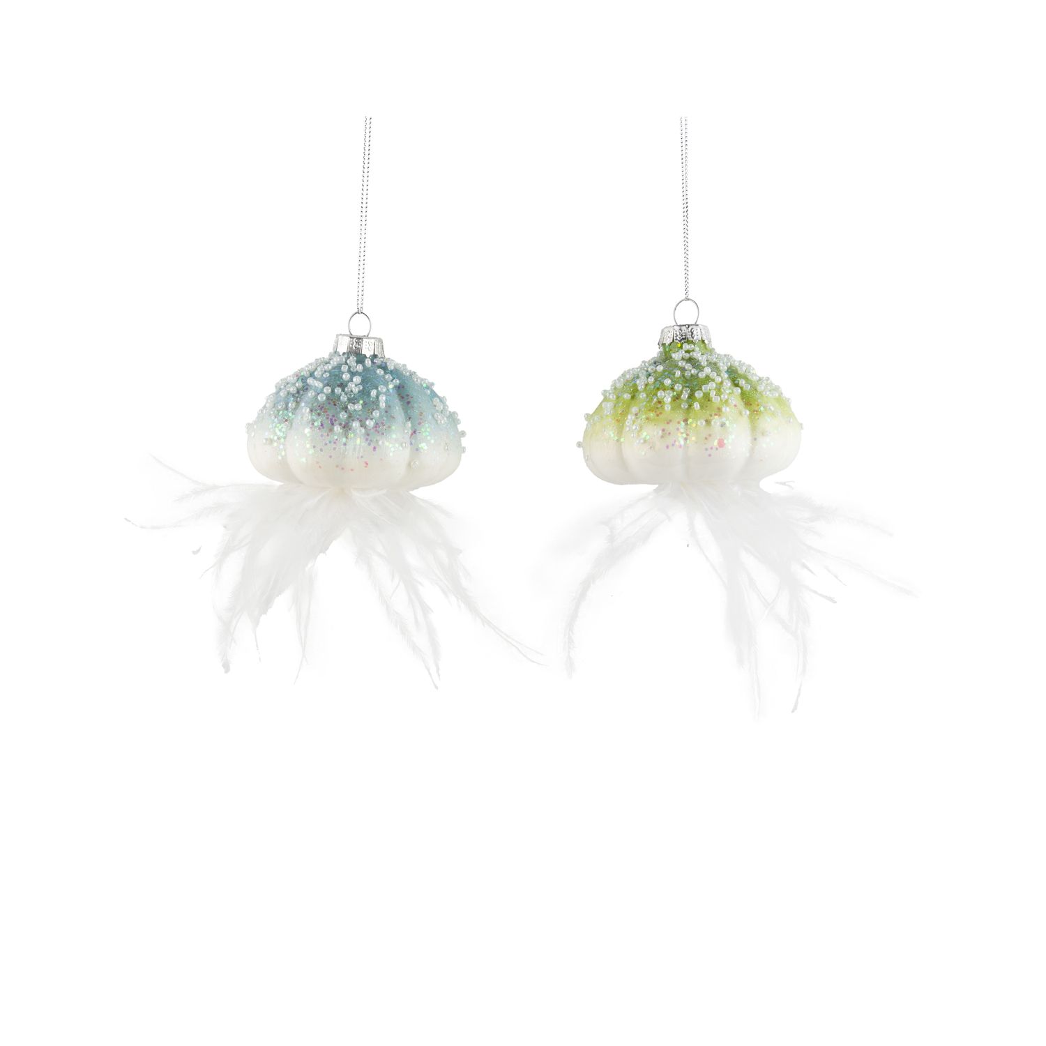 2 Asst&#39;d glass jelly fish ornaments, white with blue &amp; green highlights, beads and feather trailers, 3 in  12