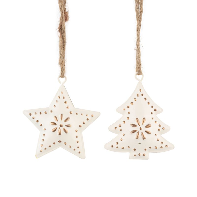2 Asst&#39;d cream painted metal star and tree ornaments with gold star &amp; dot pattern, 2 sided, 2.2 in  24