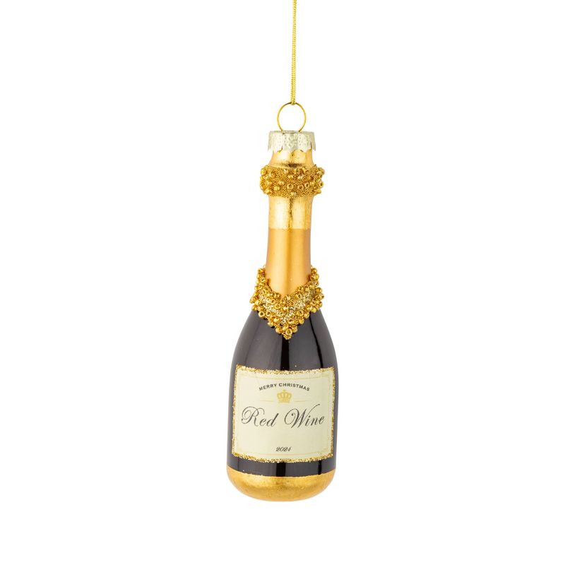 Glass champagne bottle ornament, black with gold label, 4.5 in  6