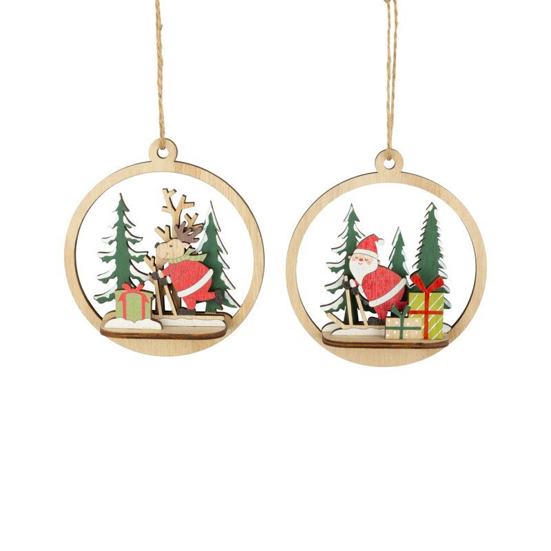 2 Asst&#39;d round wood ornaments, Santa &amp; reindeer scenes, 5.5 in  12
