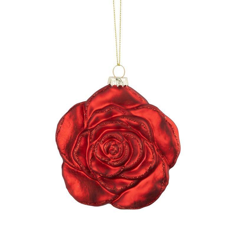 Molded glass molded rose ornament, matte red with red glitter, 3.8 in  6