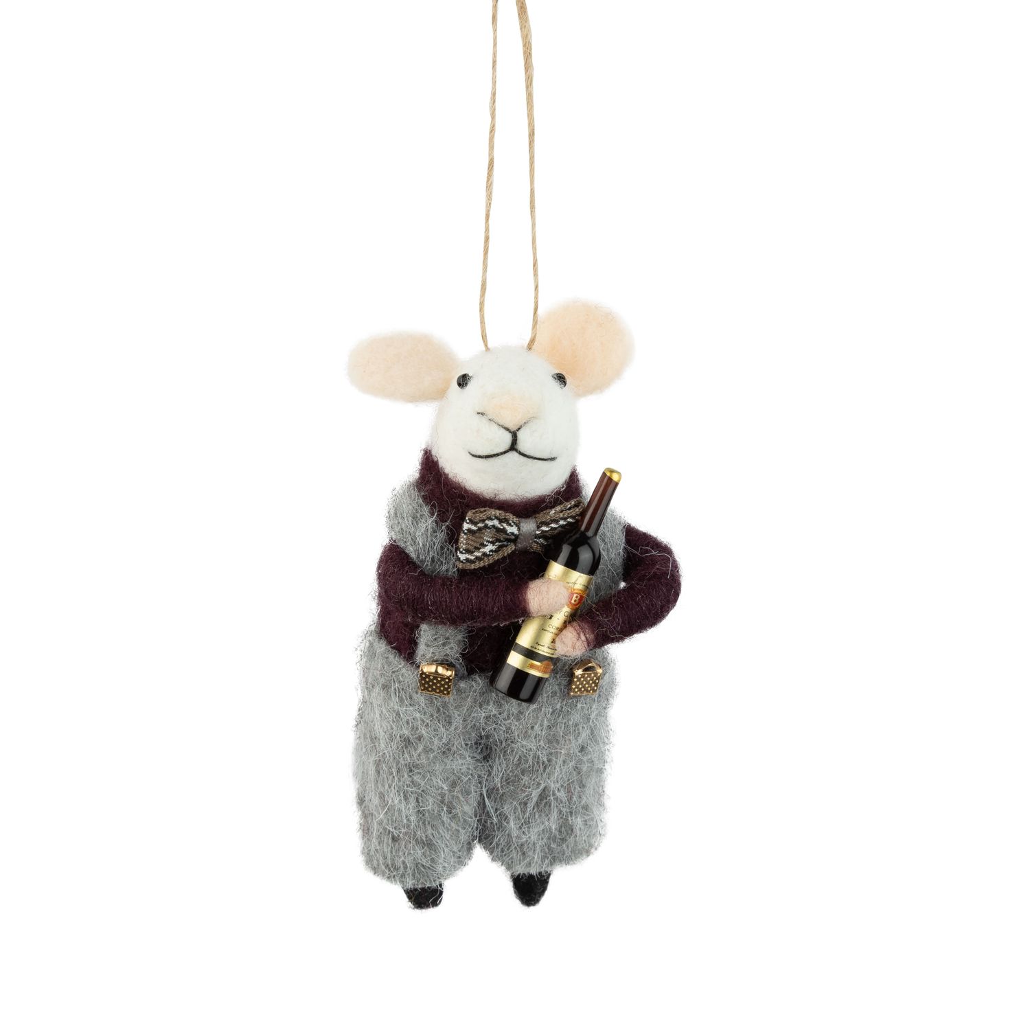Felt white mouse ornament in a festive outfit, holding a wine bottle, 4 in  12      