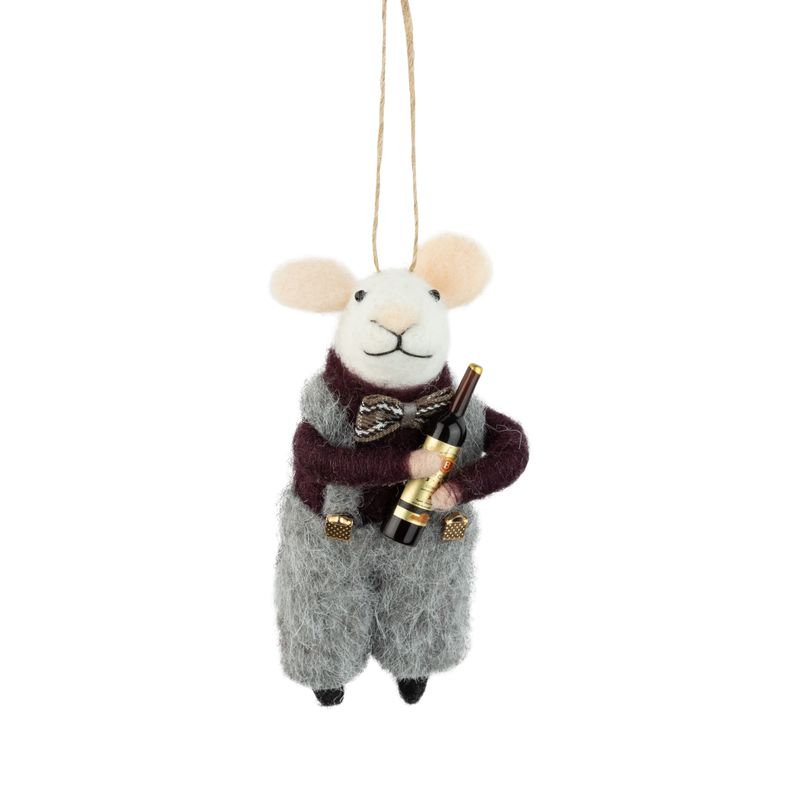 Felt white mouse ornament in a festive outfit, holding a wine bottle, 4 in  12      