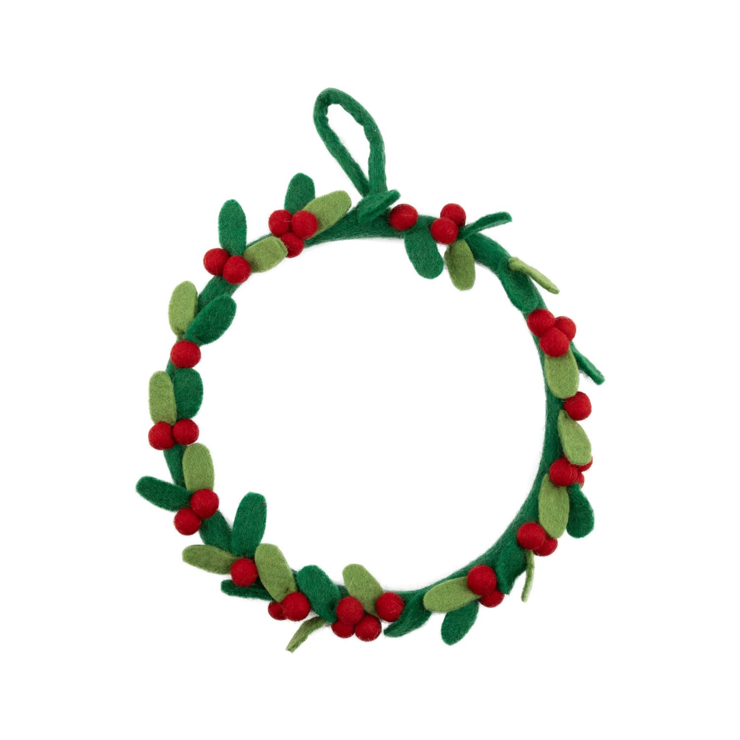 Felt wreath with green and white leaves, red berries, 12 in  3