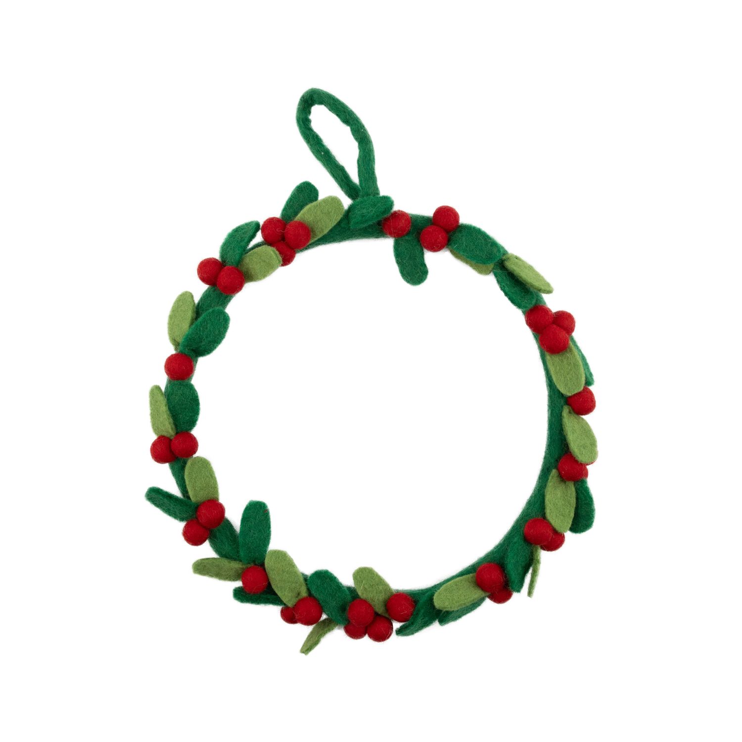 Felt wreath with 2 tone green leaves and red berries, 10 in  3