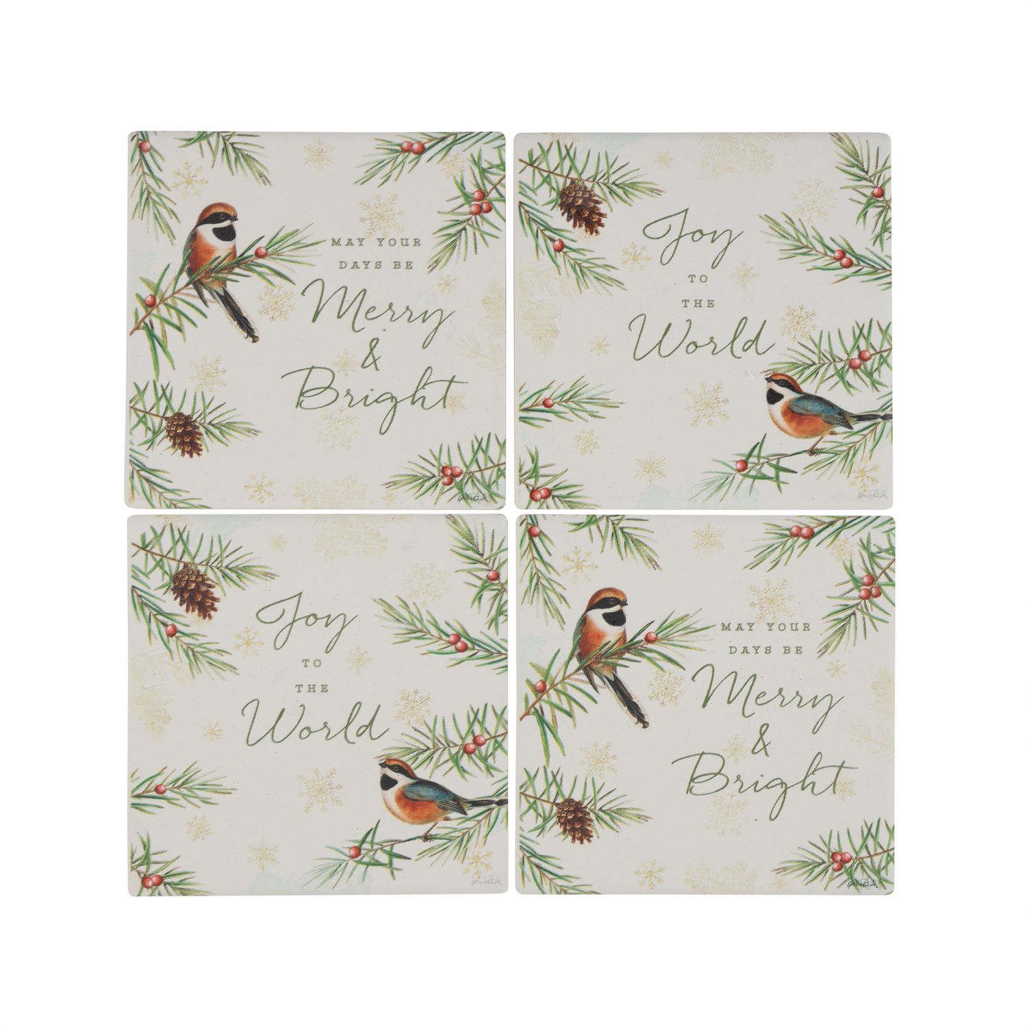 Set of 4 absorbent coasters with bird and branch, merry &amp; bright script, 4x4 in  6