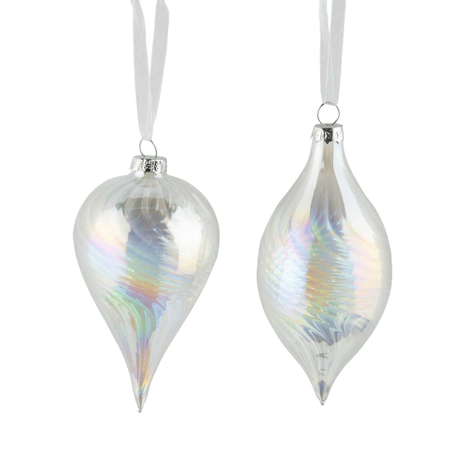 2 Asst&#39;d clear iridescent ribbed glass drop ornaments, 4.5 in  12