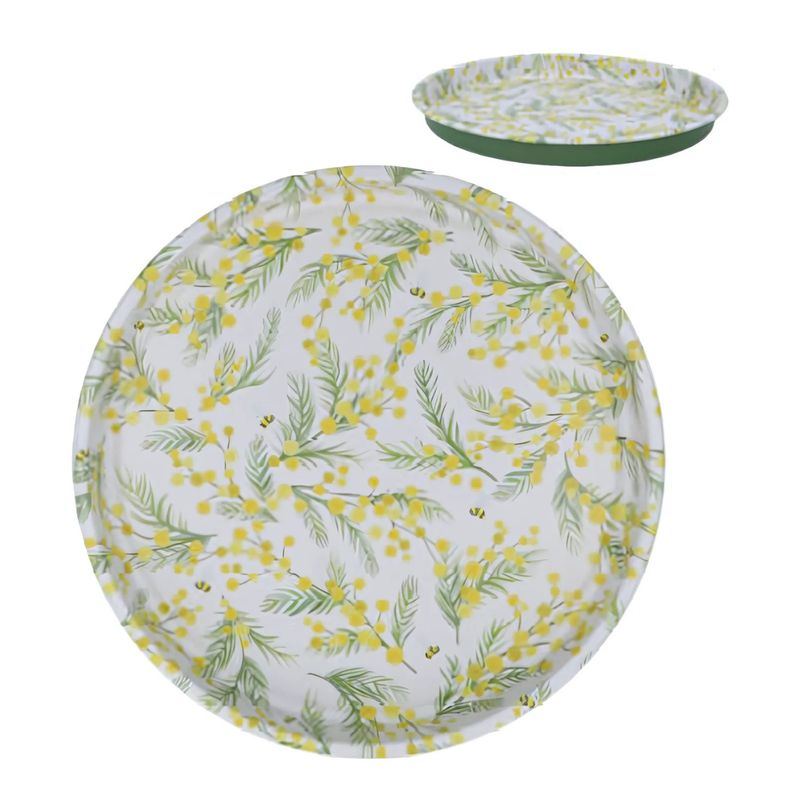 SHIP FEB 1/26 Printed tin serving tray, yellow and green floral on white background, 13 in