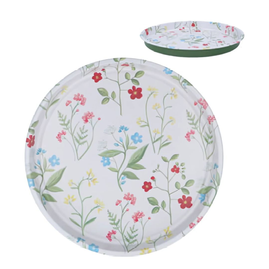 SHIP FEB 1/26  Printed tin serving tray, colourful meadow pattern on white background, 13 in
