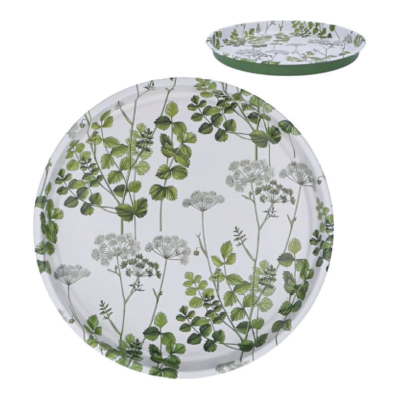 SHIP FEB 1/26 Printed tin serving tray, floral and herb pattern on white background, 13 in