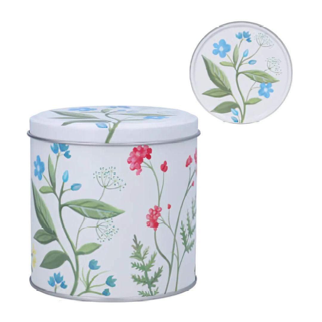 SHIP FEB 1/26 Printed treat tin, colourful meadow pattern on white background, 4 in