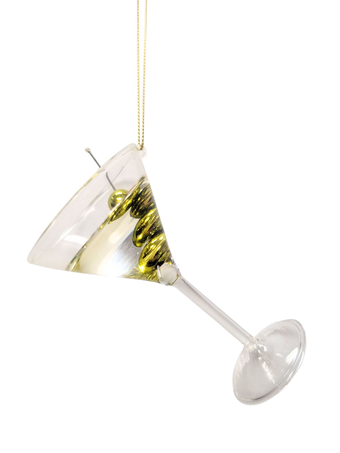 Clear martini glass with green olives, stir stick orn, 4 in 6