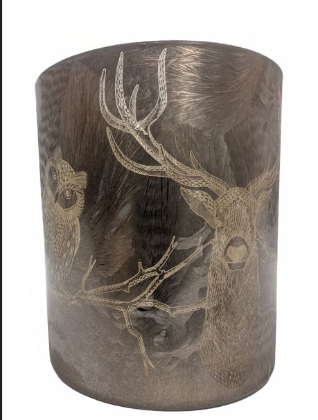 Glass holder table piece, antique silver frost finish. Hidden owl, bear and stag motif when lit , 4 in  6