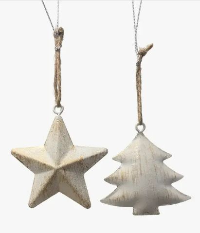 2 Asst&#39;d painted metal star and tree ornaments, white with gold wash finish, 2.5 in  24