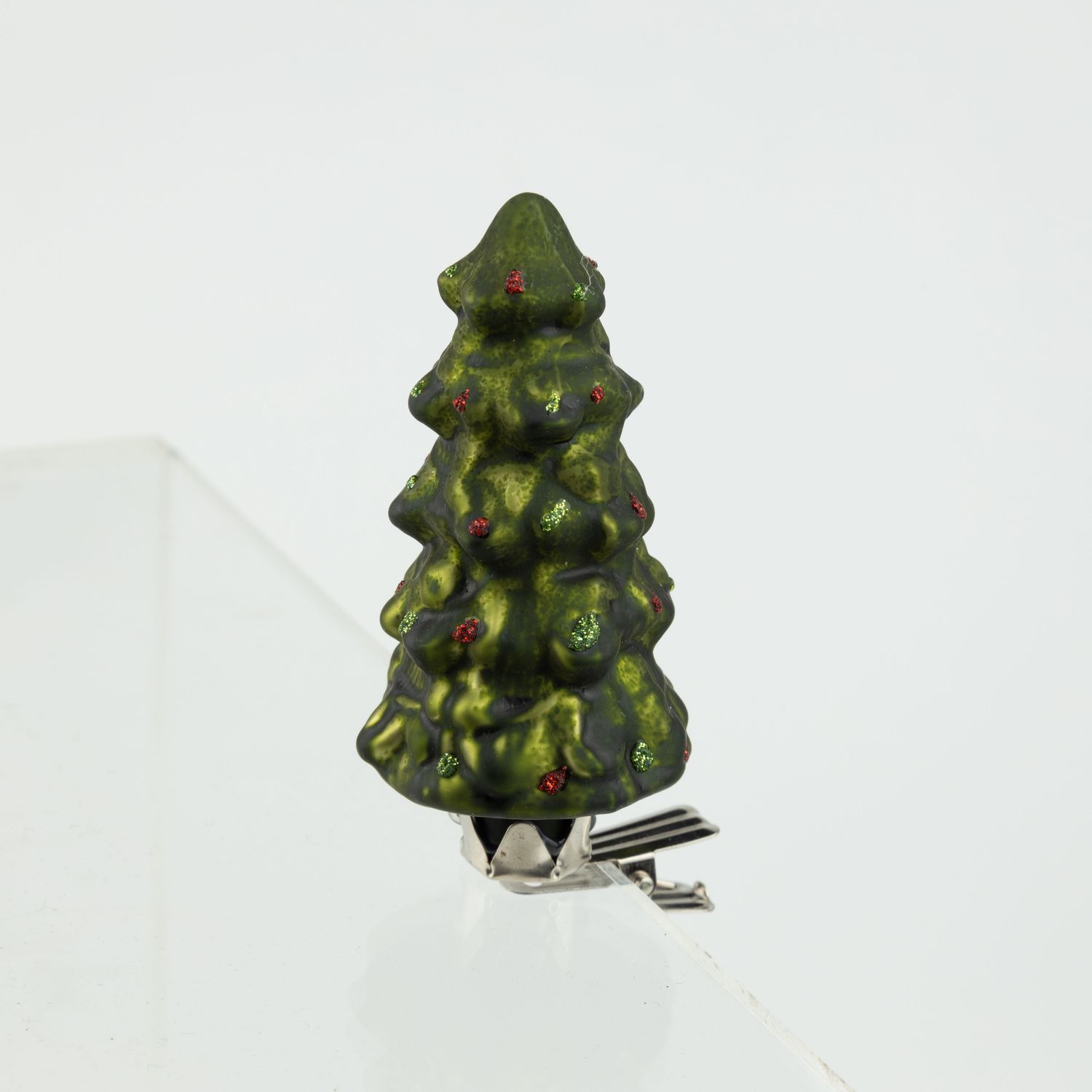 Glass clip on tree ornament, green with red dots, 3 in  12      