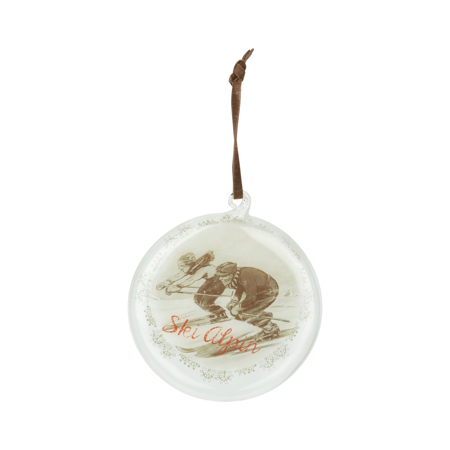 Glass disk w/french alp ski scene, 4 in  12