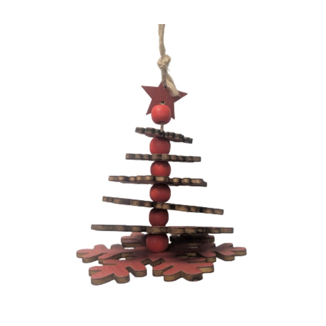 Tiered wood snowflake tree ornament, red stain on jute rope, 4.5 in  24      