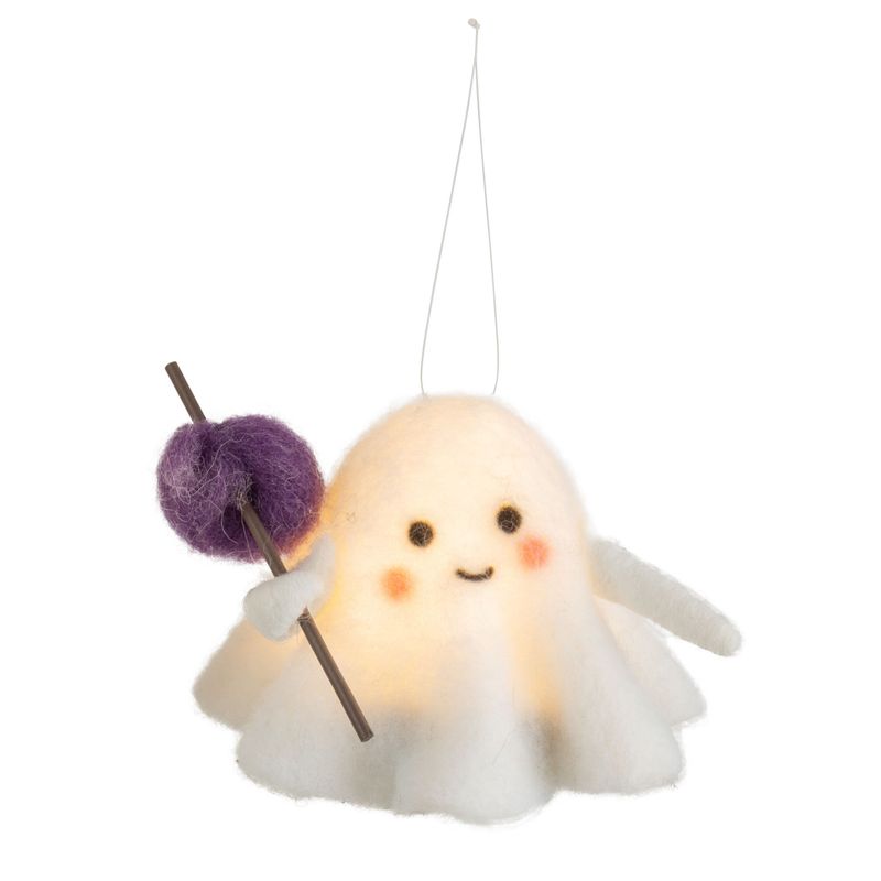 Felt ghost ornament with LED light and purple sack on pole, 3.5 in  6      