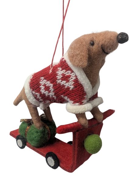 Brown felt dog in red sweater, riding a scooter standing on a green gift, 4.75 in  4      