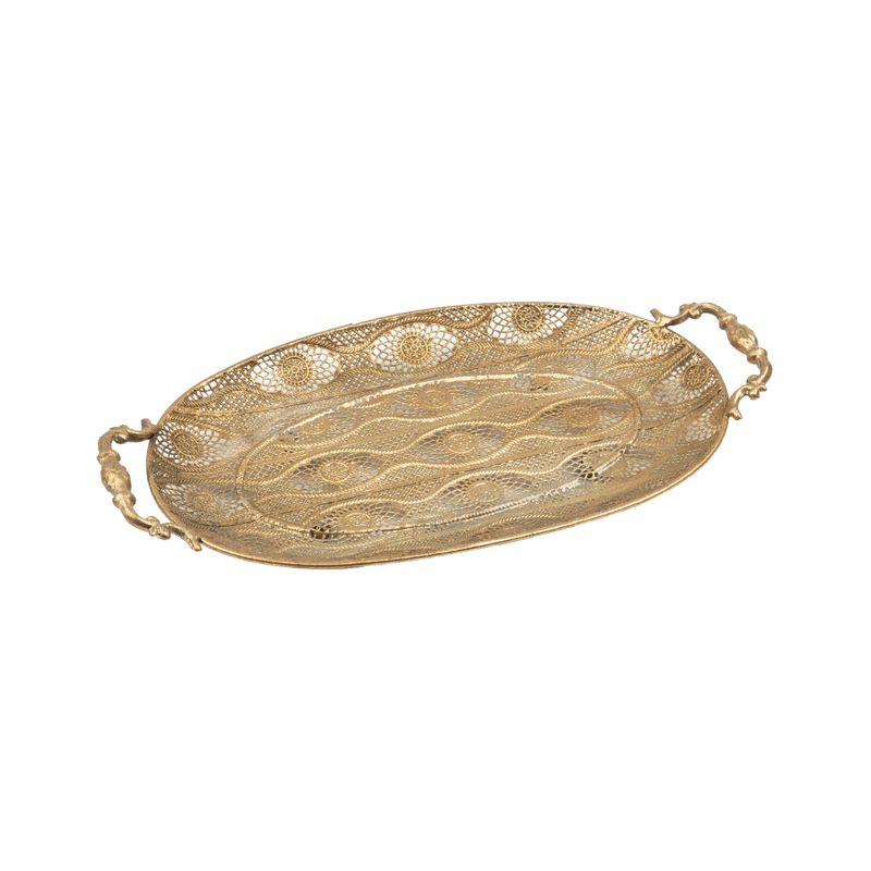 Oval filigree metal tray with cast iron handles, floral filigree design, antique gold finish, 16x8 in  2      