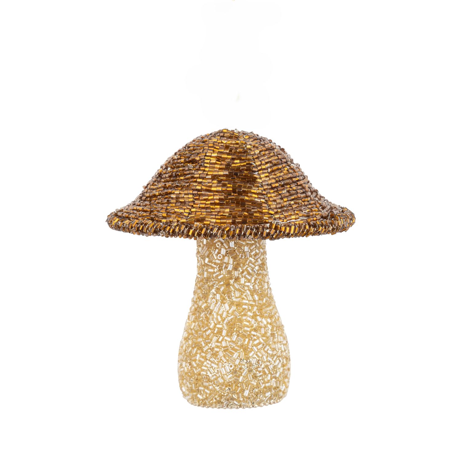 Bronze glass bead mushroom table piece with gold bead covered wood stem, 5 in  4      