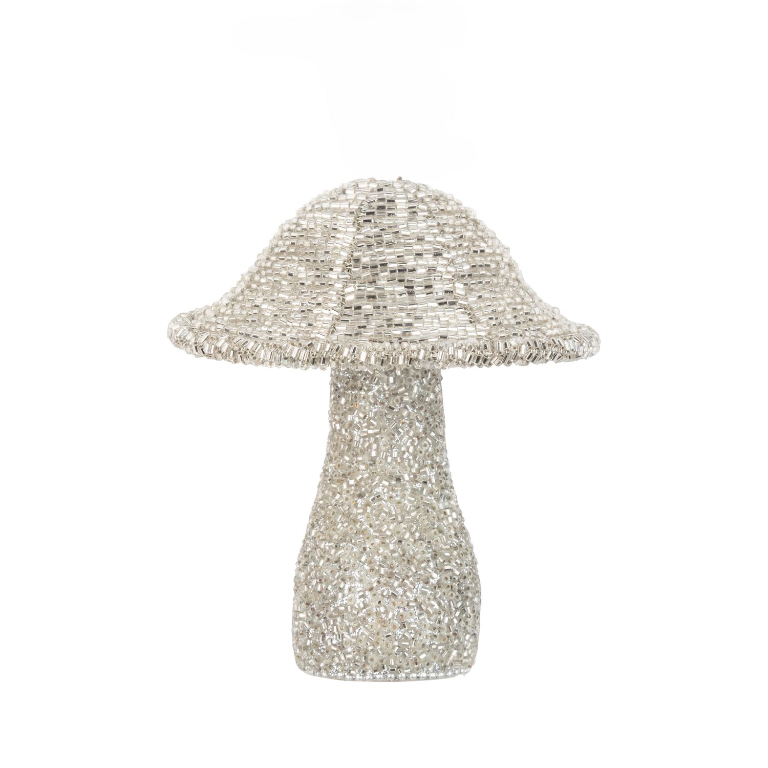 Clear glass bead mushroom table piece with silver bead covered wood stem, 5 in  4      