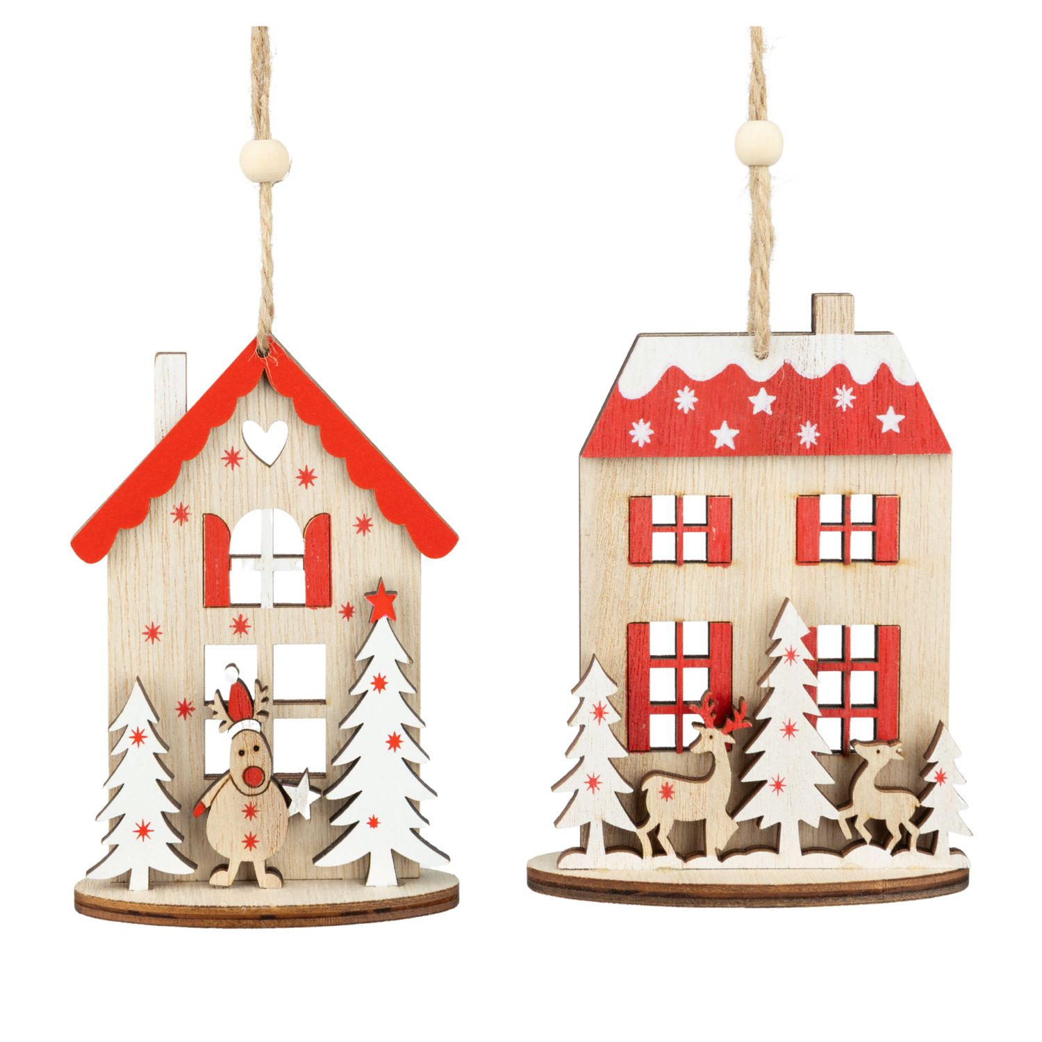 2 Asst&#39;d wooden house ornaments, snowman and reindeer scenes, natural/white/red finish, 4.75 in  12