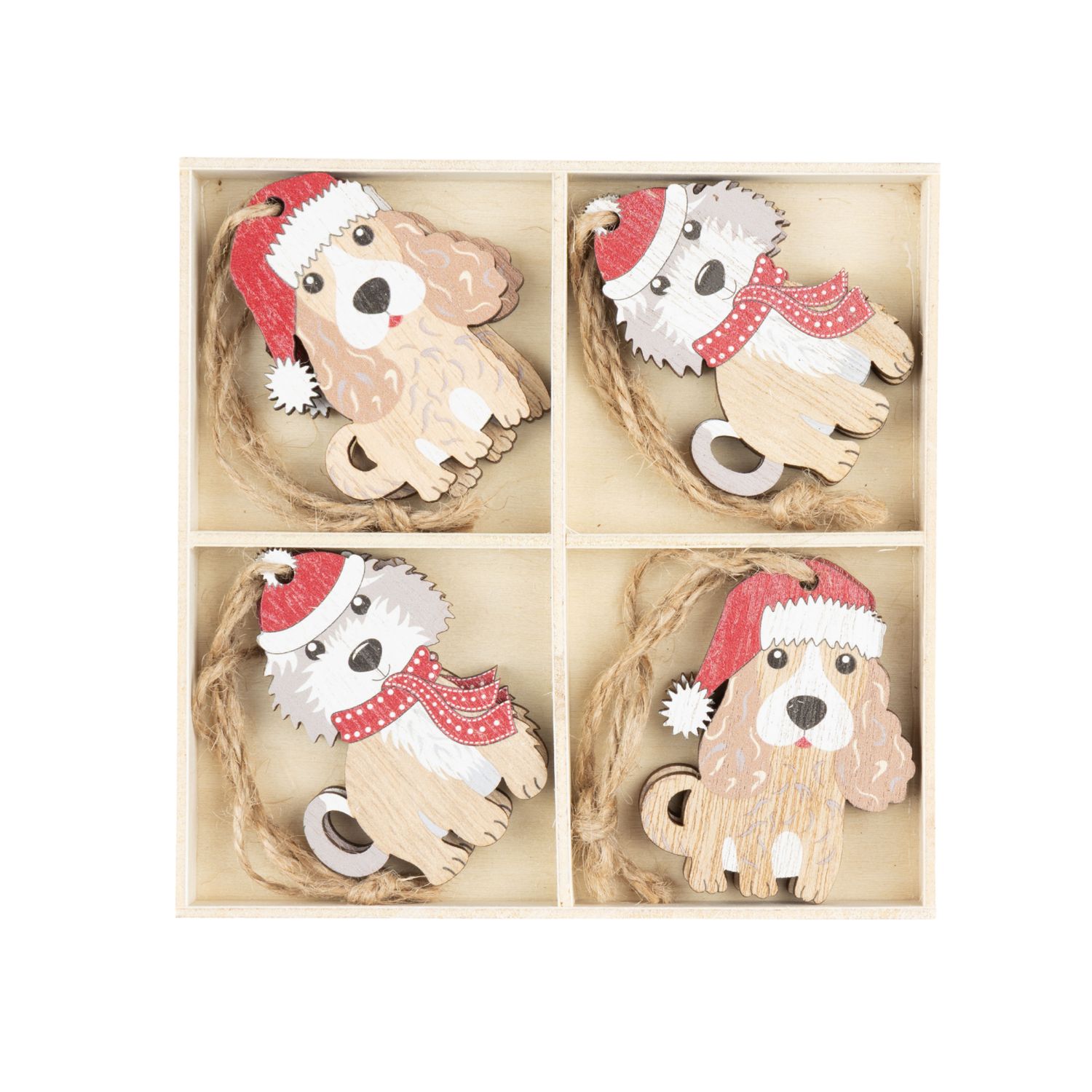 Set of 8 printed wood dog ornaments, red outfits, 5 in  6