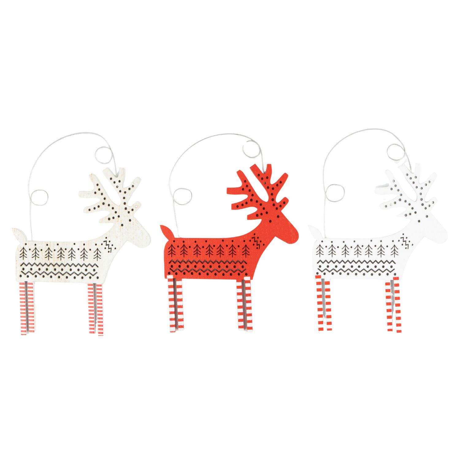 3 Asst&#39;d painted wood reindeer ornament with wire hangers, in white and red, with Scandi pattern, 4.5 in  24