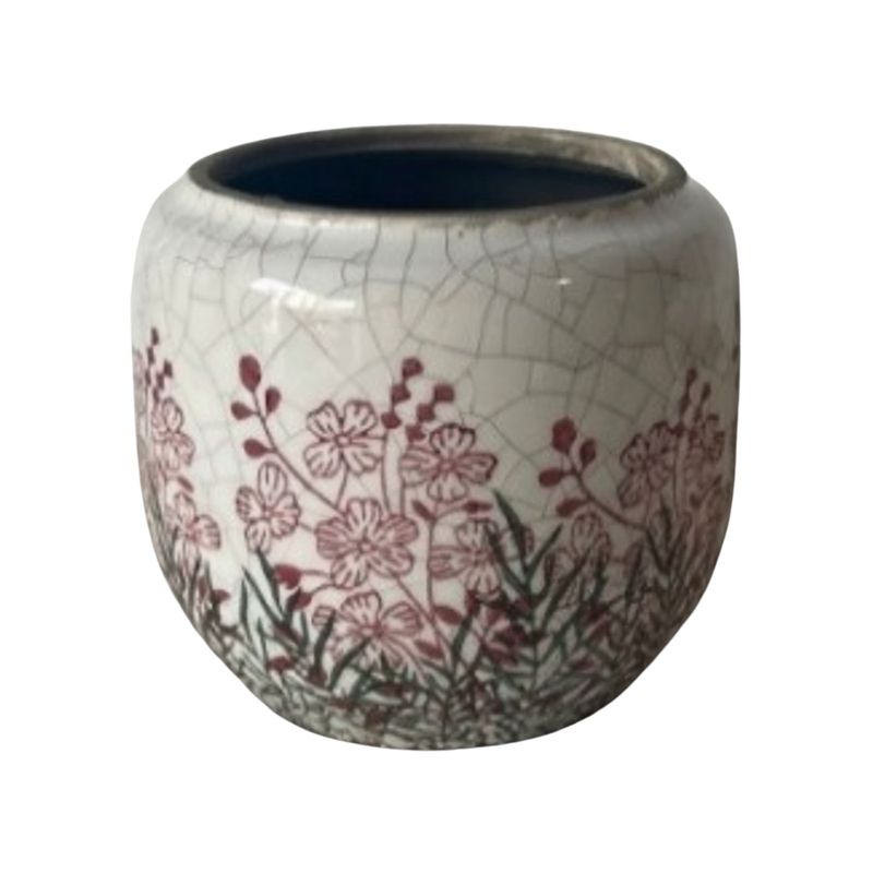 SHIP FEB 1/26 Antique finish crackle glaze jar shape pot cover, green and fuchsia garden pattern, 5.5 in 