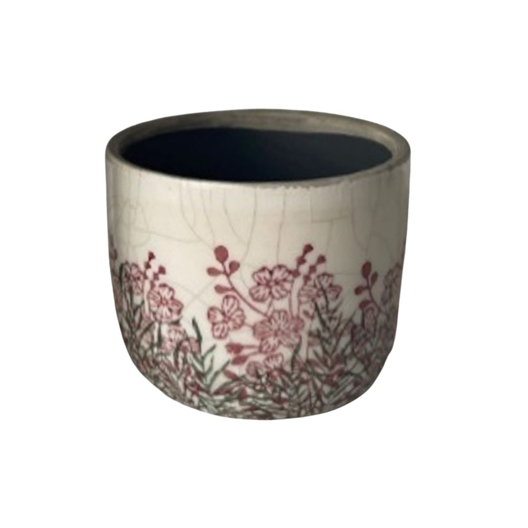 SHIP FEB 1/26 Antique finish crackle glaze pot cover, green and fuchsia garden pattern, 4 in 