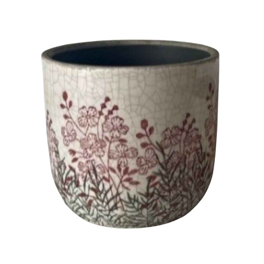 SHIP FEB 1/26 Antique finish crackle glaze pot cover, green and fuchsia garden pattern, 5.5 in 