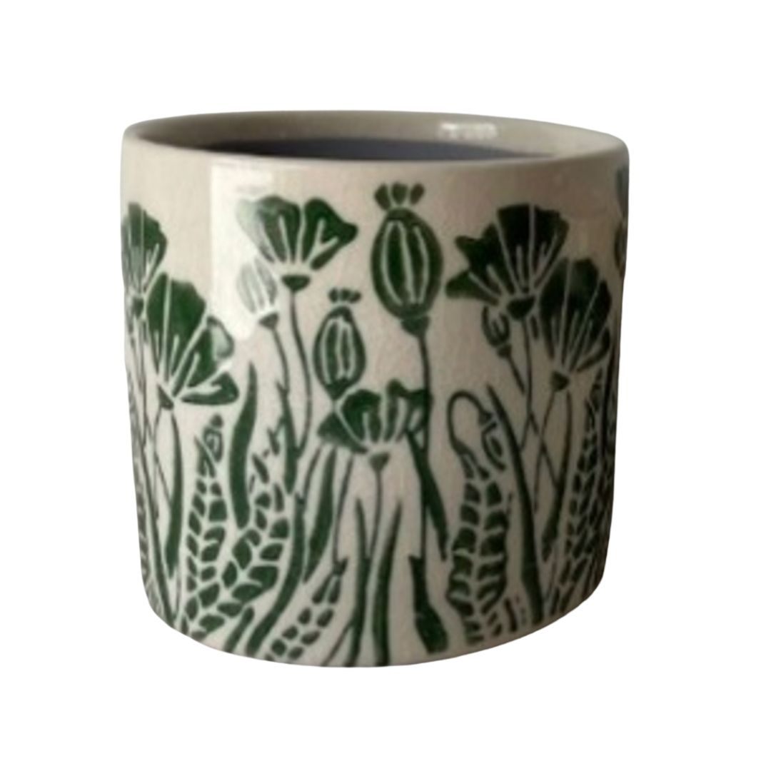 SHIP FEB 1/26 Embossed floral pattern ceramic pot cover, green water colour on off white, 5.5 in