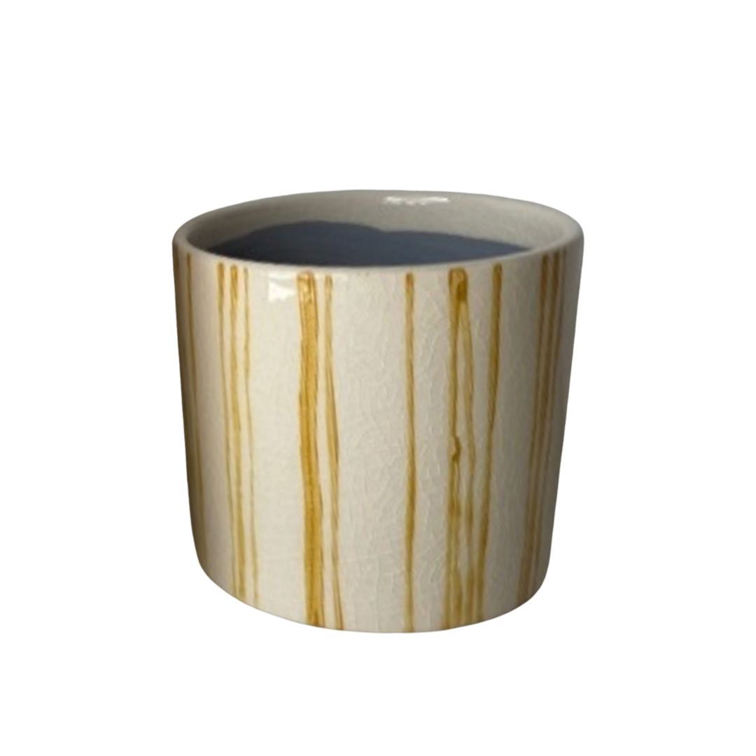 SHIP FEB 1/26 Hand painted, glazed ceramic pot cover, yellow vertical line pattern on off white, 4.5 in