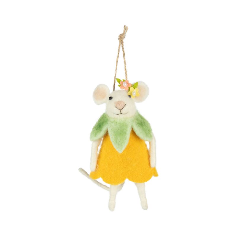 SHIP FEB 1/26 White felt mouse, pink and orange petal costume ornament, 5 in