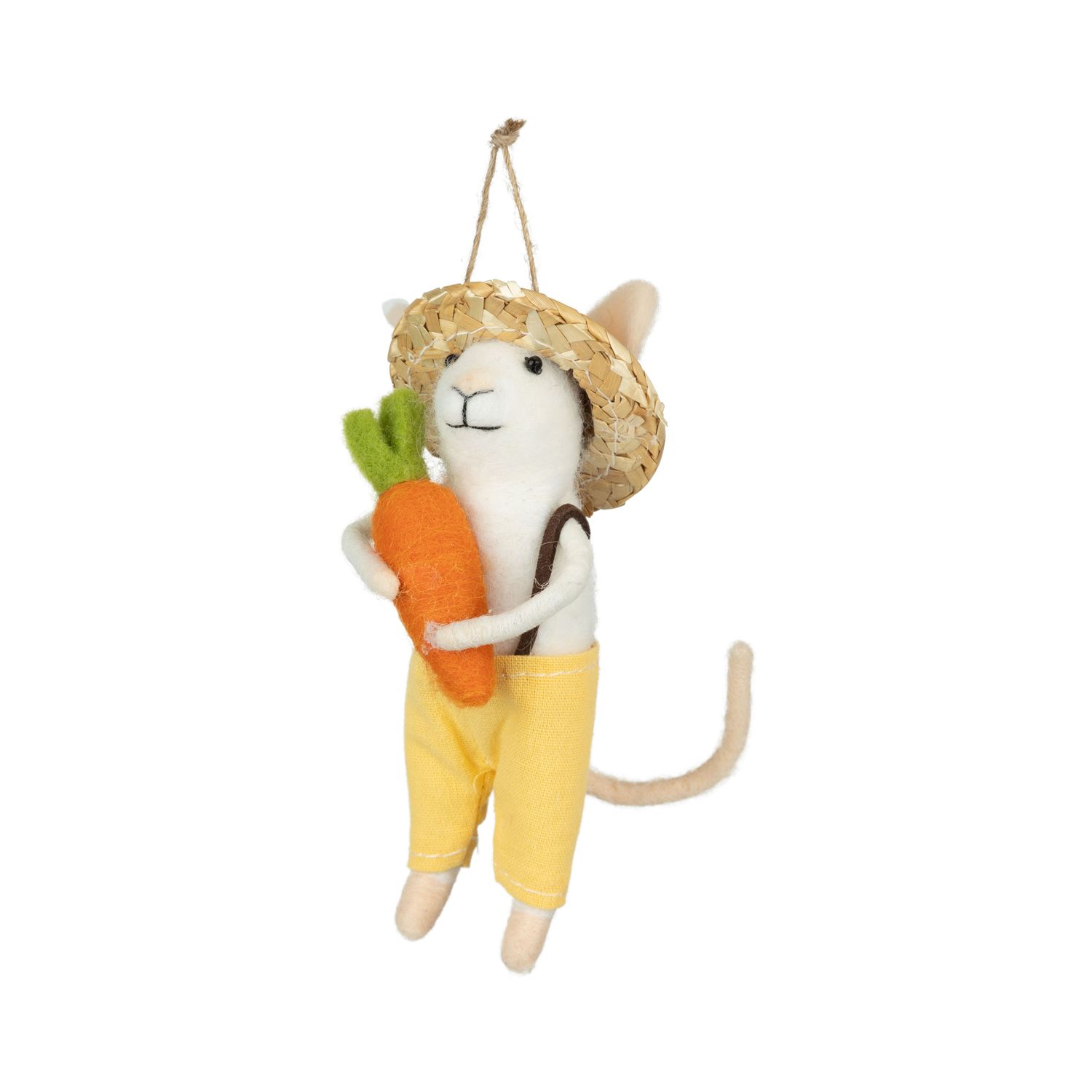 SHIP FEB 1/26 White mouse orn, straw hat, yellow overalls, holding carrot ornament, 5 in