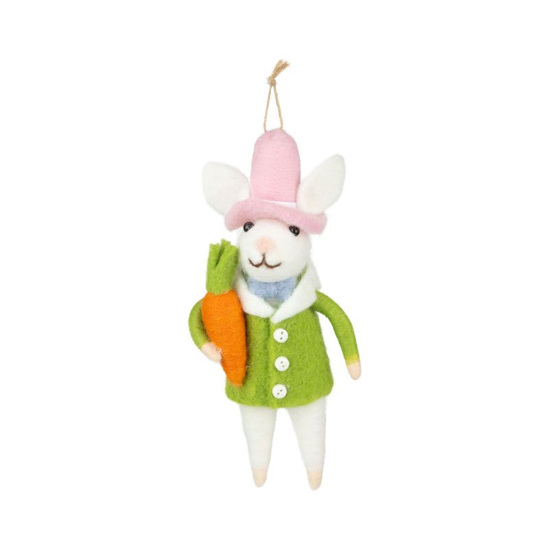 SHIP FEB 1/26 Felt bunny, green coat, pink top hat, holding carrot ornament, 6 in