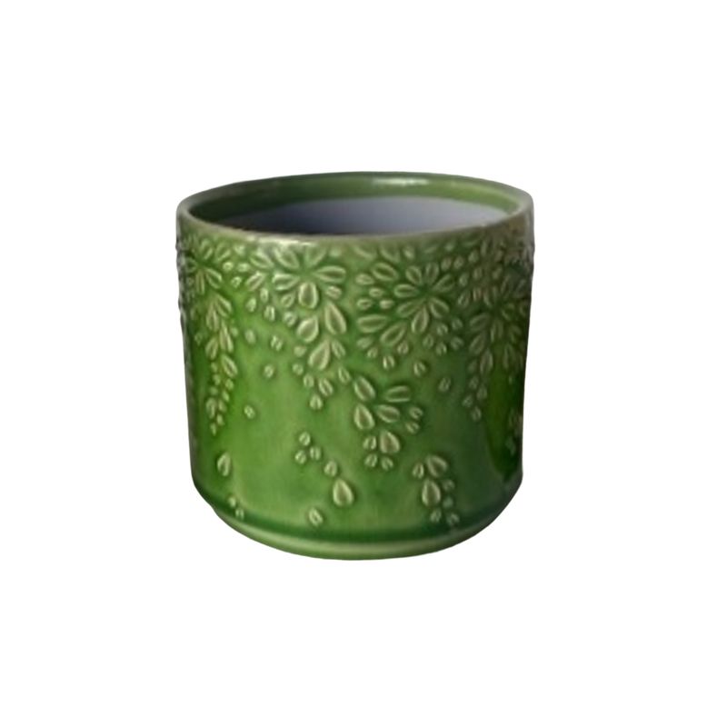 SHIP FEB 1/26 Embossed floral cluster motif ceramic pot cover, green, 3in