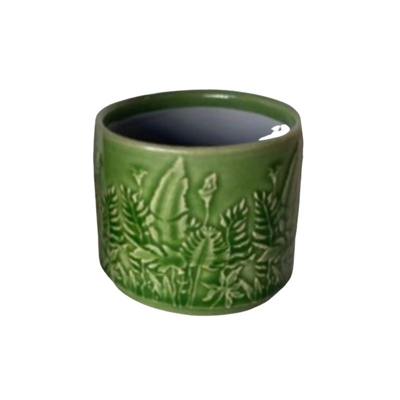 SHIP FEB 1/26 Embossed botanical motif, ceramic pot cover, green, 3 in
