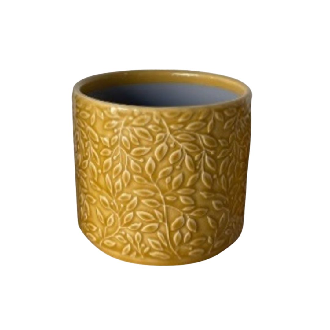 SHIP FEB 1/26 Embossed vine pattern, ceramic pot cover, mustard gold, 4.5 in