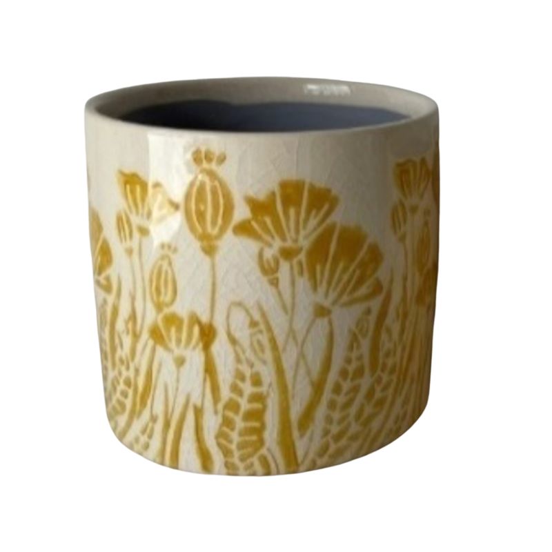 SHIP FEB 1/26 Embossed floral pattern ceramic pot cover, yellow water colour on off white, 5.5 in