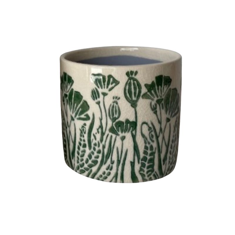 SHIP FEB 1/26 Embossed floral pattern ceramic pot cover, green water colour on off white, 4.5 in