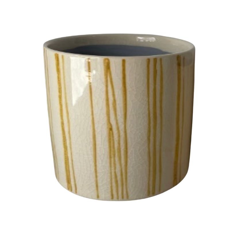 SHIP FEB 1/26 Hand painted, glazed ceramic pot cover, yellow vertical line pattern on off white, 5.5 in