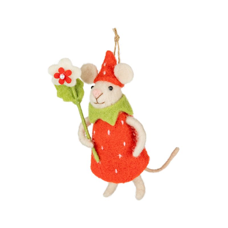 SHIP FEB 1/26 White felt mouse in strawberry costume holding flower ornament, 5 in