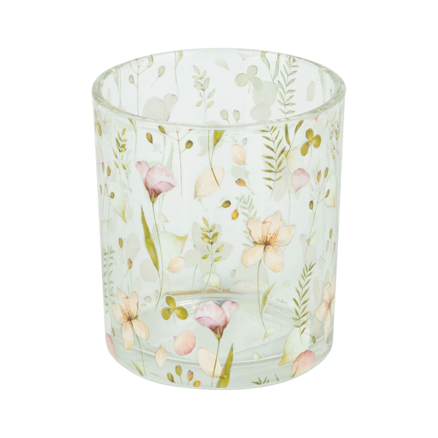 SHIP FEB 1/26 Glass tealight holder with floral pattern, 3 in