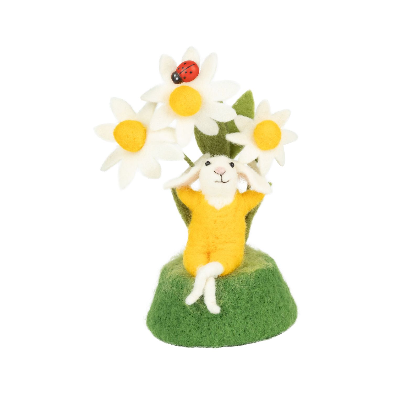 SHIP FEB 1/26 Lounging felt bunny in yellow sweater, with white daisies, on green felt cushion table piece, 8 in