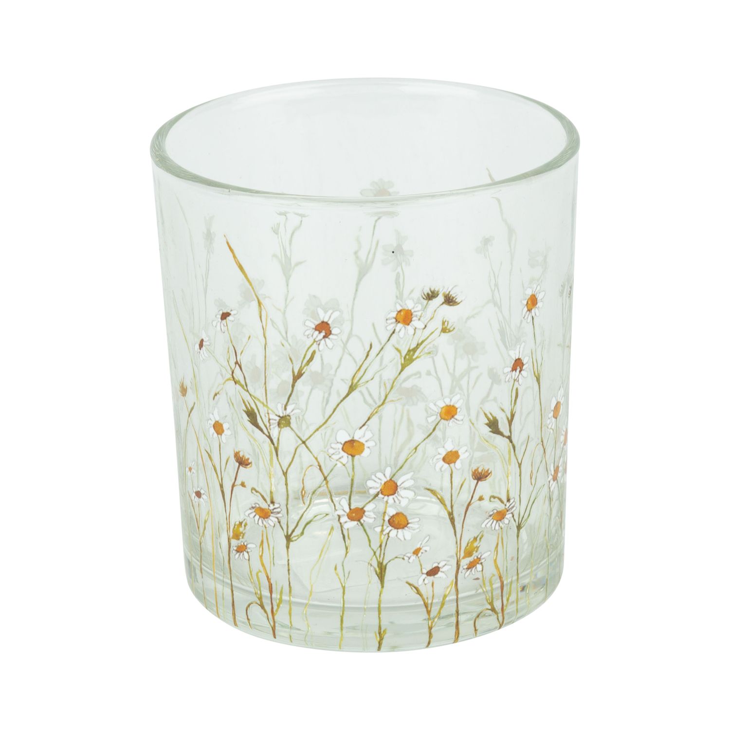 SHIP FEB 1/26 Glass votive holder with mini daisy pattern, 4 in