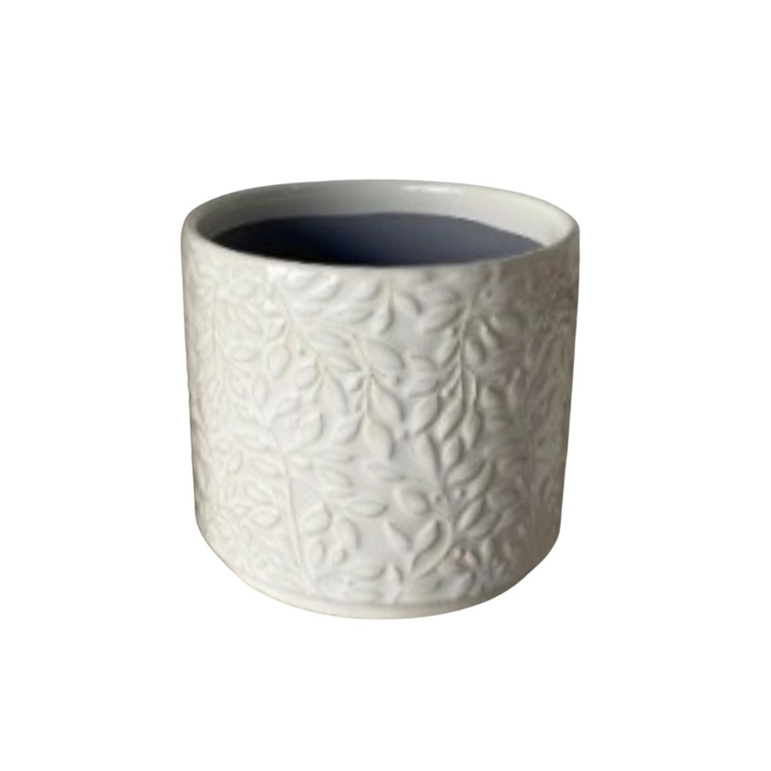 SHIP FEB 1/26 Embossed vine pattern, ceramic pot cover, off white, 4.5 in